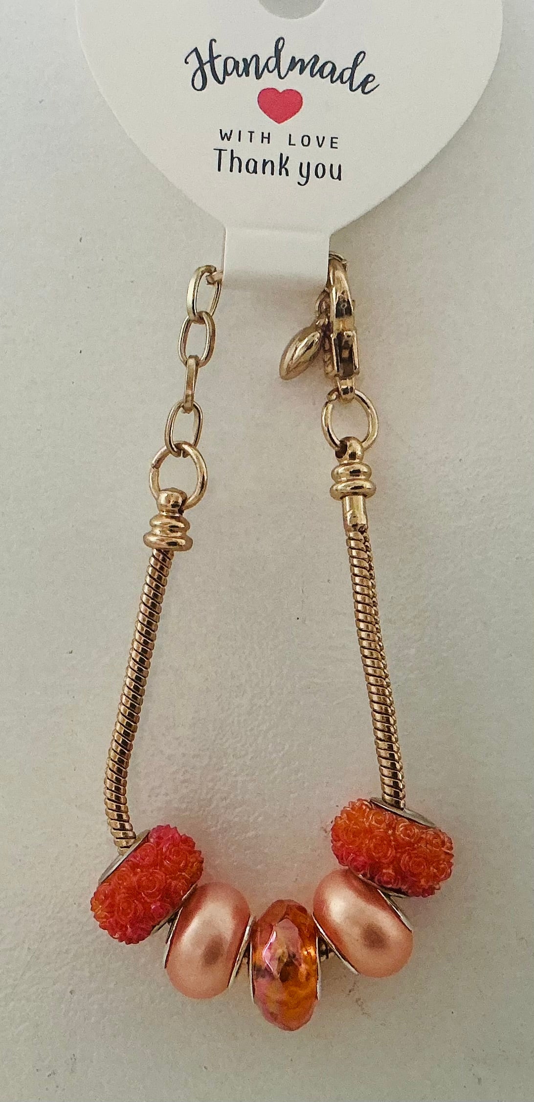 Peach & Rose Gold Murano-Style Charm Bead Gold Snake Chain Bracelet