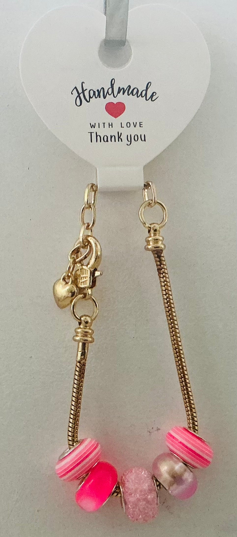 Hot Pink & Blush Mixed Murano-Style Charm Bead Gold Snake Chain Bracelet with Heart Charm