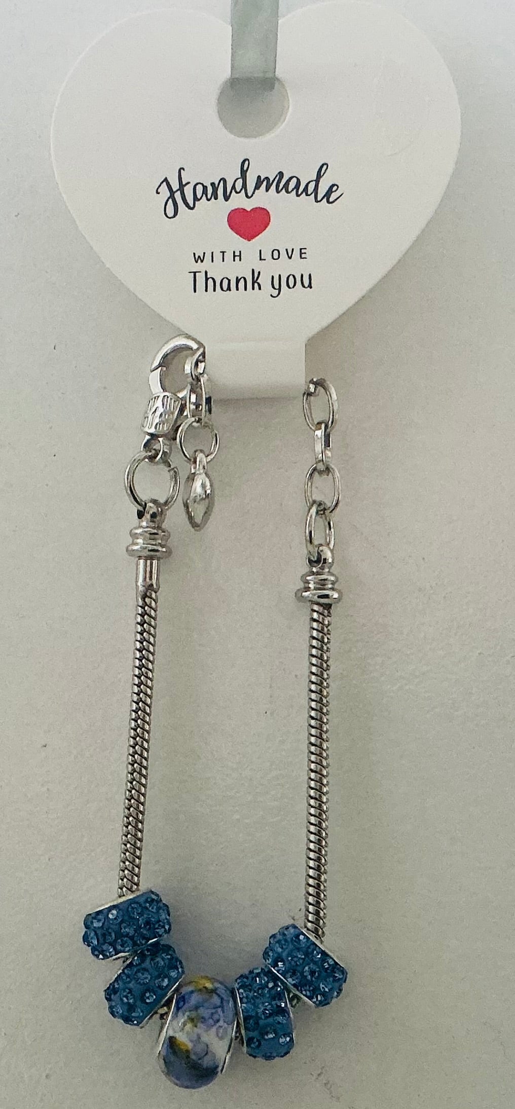 Denim Blue Pave Crystal & Sodalite Murano-Style Charm Bead Silver Snake Chain Bracelet
