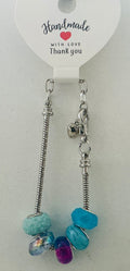 Aqua, Purple & AB Crystal Mixed Bead Silver Snake Chain Bracelet with Heart Charm