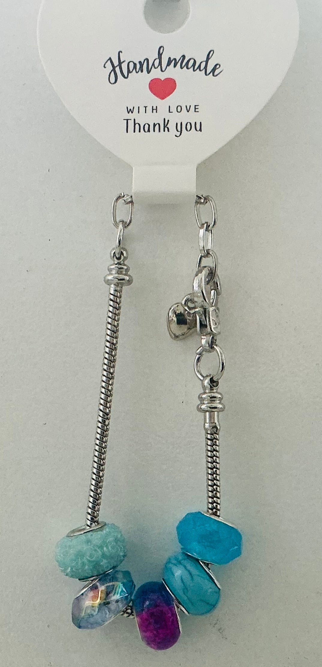 Aqua, Purple & AB Crystal Mixed Bead Silver Snake Chain Bracelet with Heart Charm