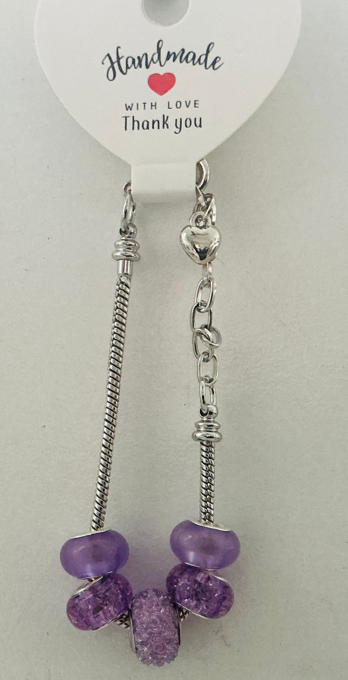 Lavender & Purple Druzy Murano-Style Charm Bead Silver Snake Chain Bracelet with Heart Charm