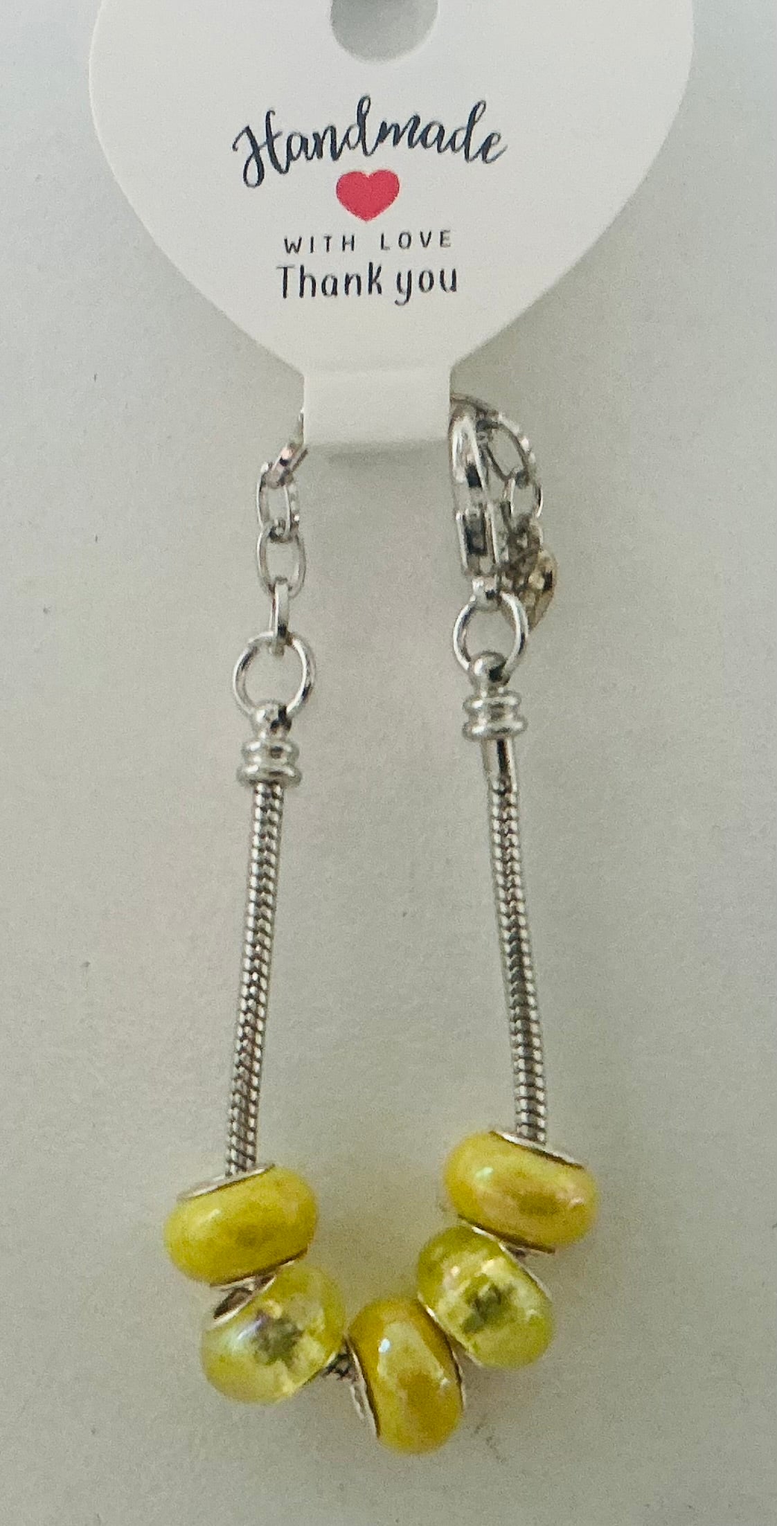 Lime Yellow Pearlescent Murano-Style Charm Bead Silver Snake Chain Bracelet