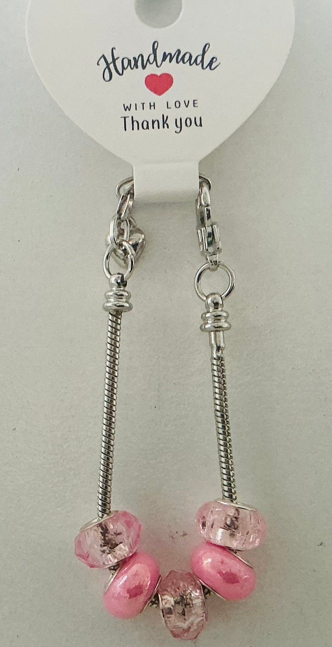 Pink Murano-Style Charm Bead Silver Snake Chain Bracelet