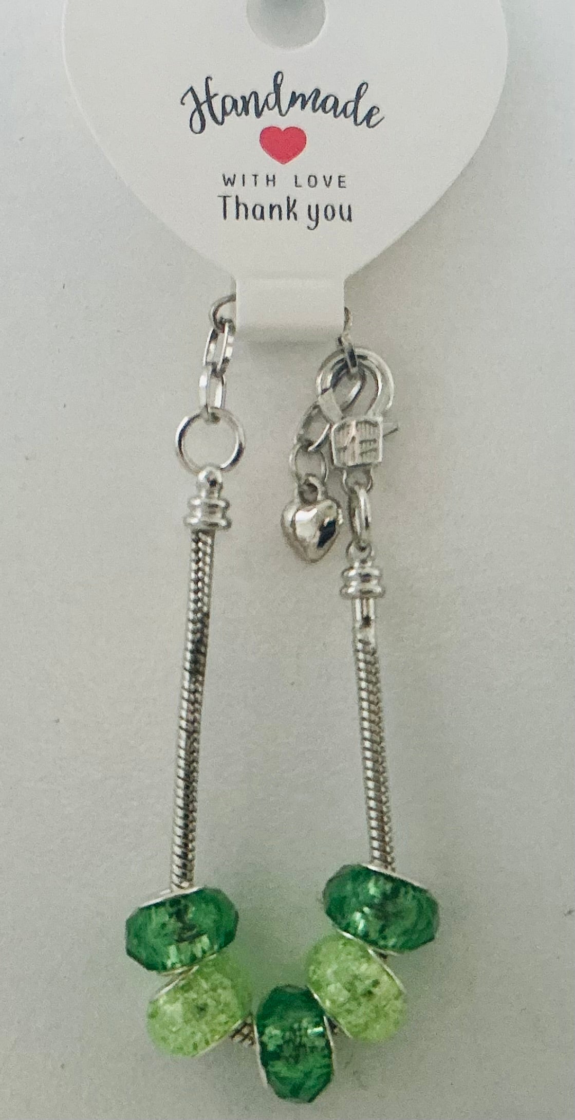 Forest & Mint Green Faceted Crystal Murano-Style Charm Bead Silver Snake Chain Bracelet with Heart Charm