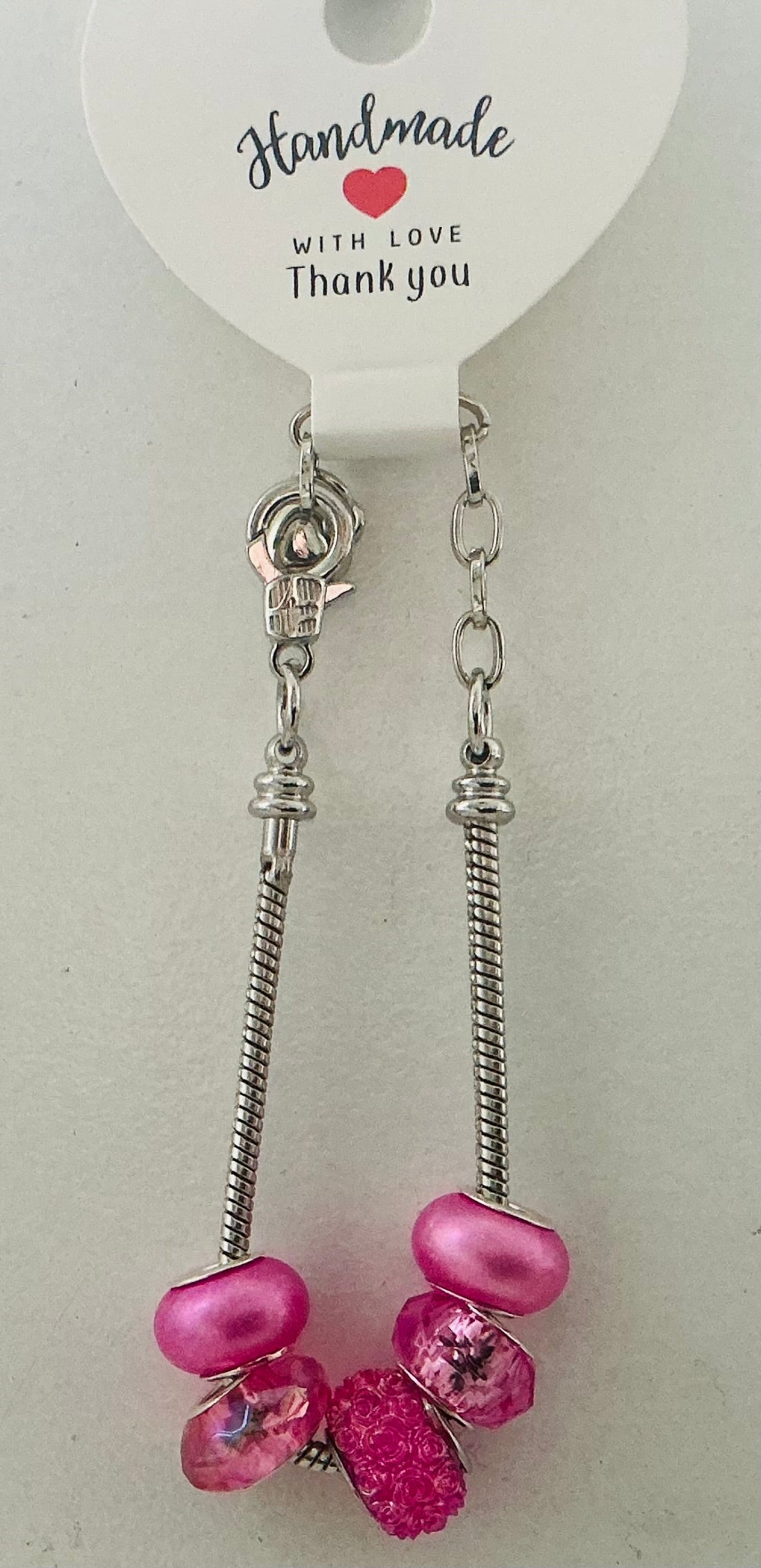 Hot Pink Pearl & Druzy Murano-Style Charm Bead Silver Snake Chain Bracelet