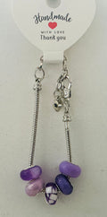 Purple & Lavender Mixed Murano-Style Charm Bead Silver Snake Chain Bracelet with Heart Charm