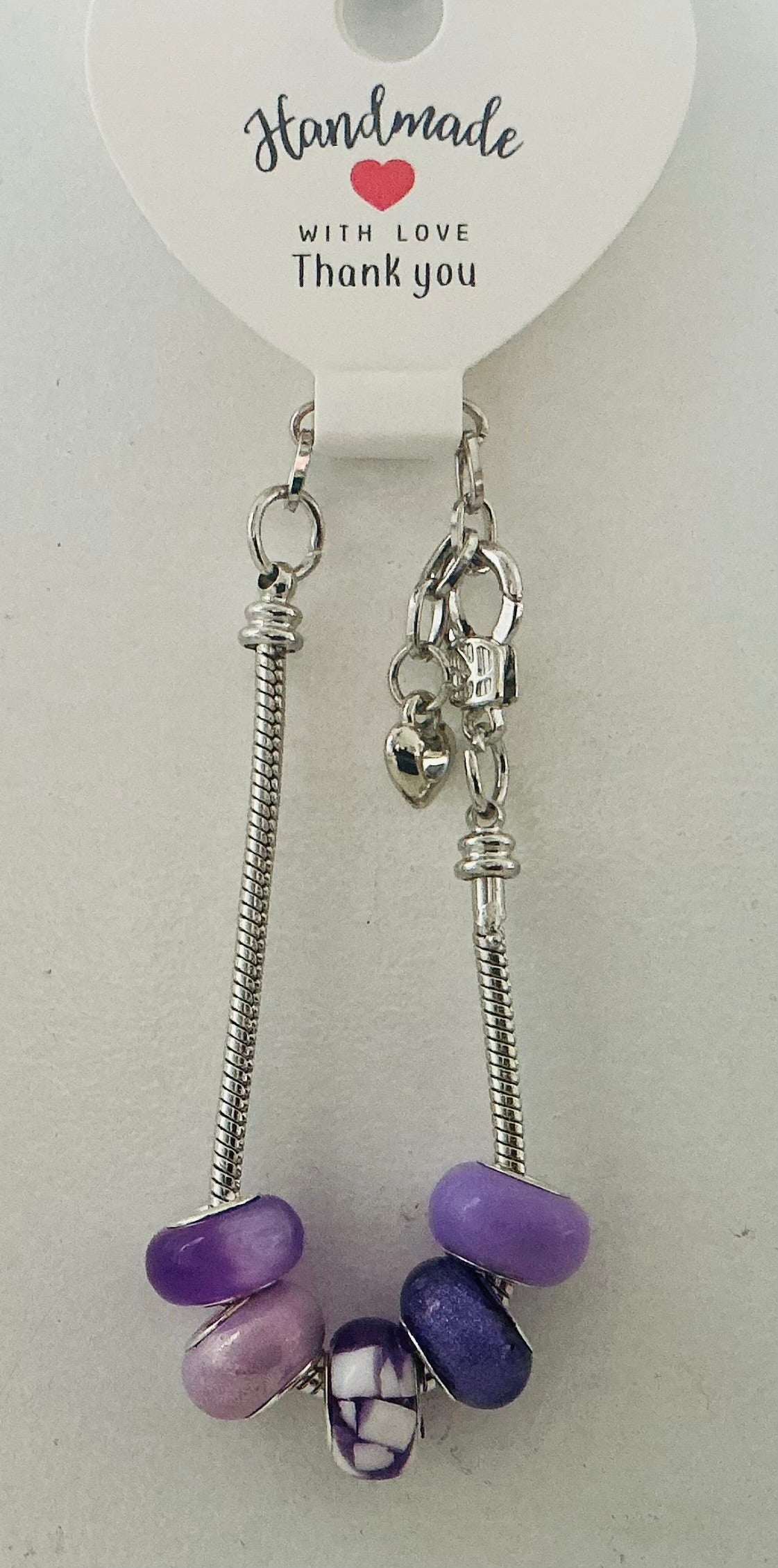 Purple & Lavender Mixed Murano-Style Charm Bead Silver Snake Chain Bracelet with Heart Charm