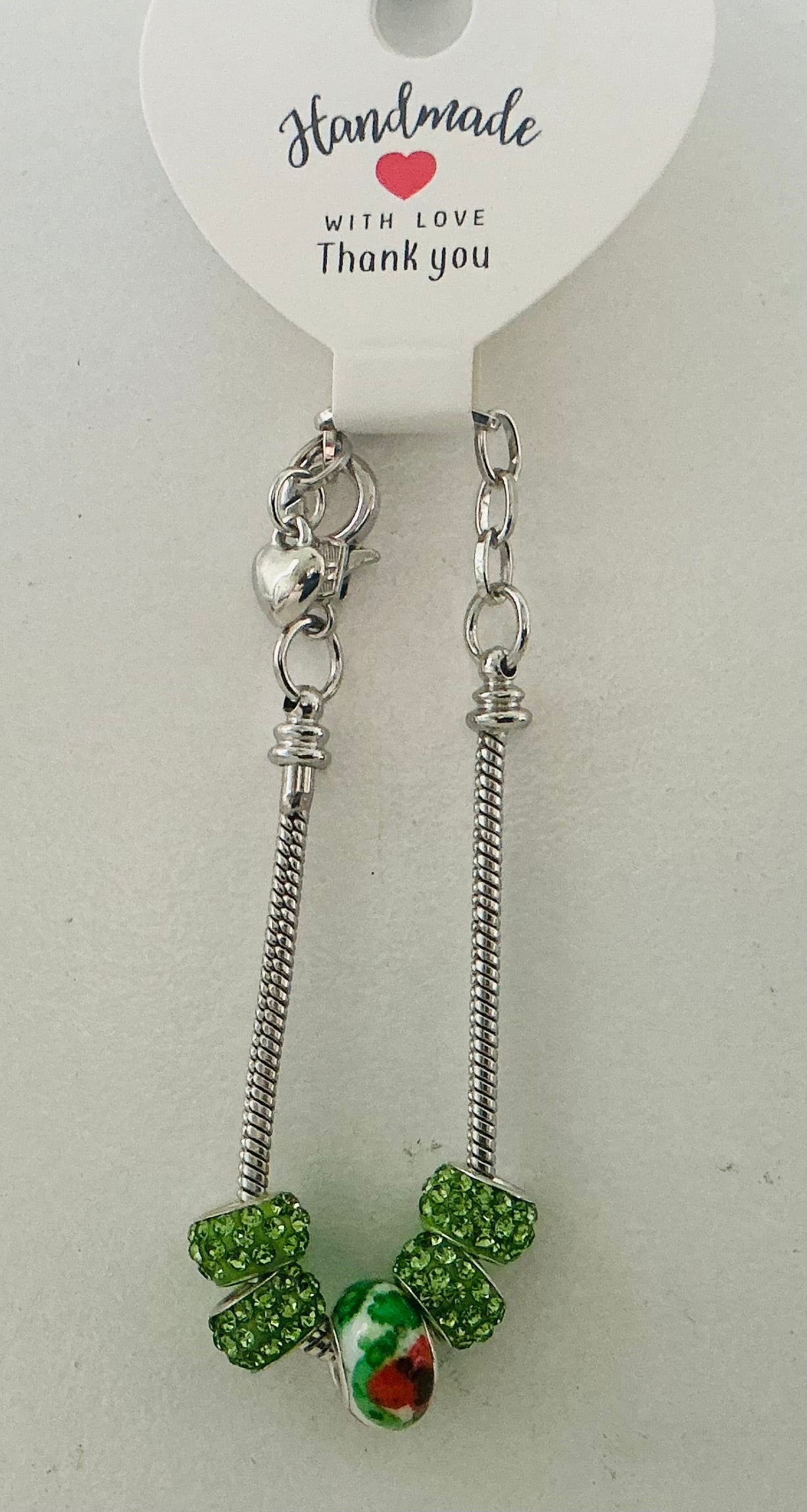 Lime Green Pave Crystal & Floral Ceramic Murano-Style Charm Bead Silver Snake Chain Bracelet with Heart Charm