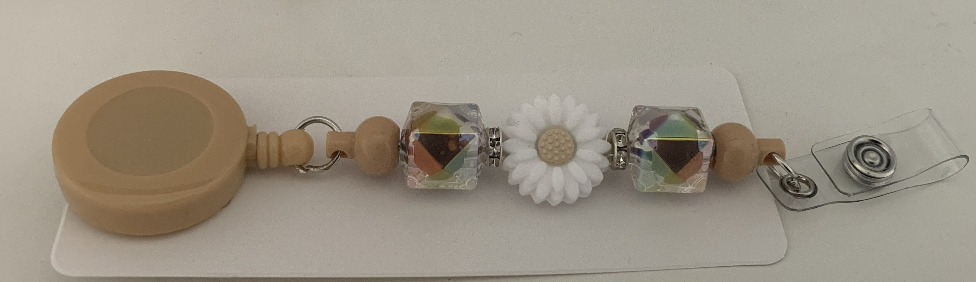 Handmade White Daisy & Crystal Beaded Belt Clip - Beige