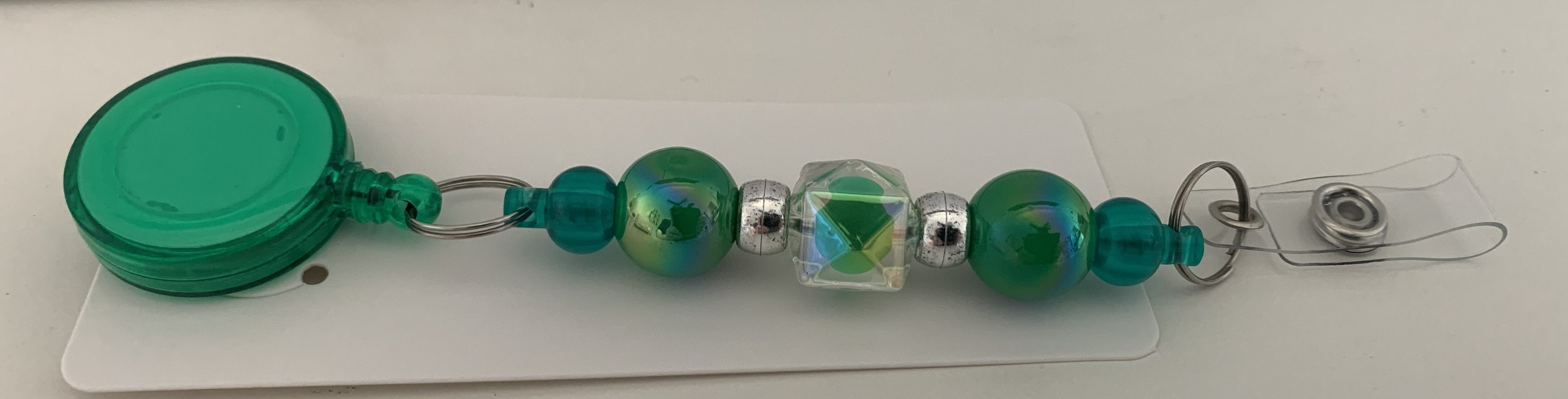 Handmade Iridescent & Crystal Beaded Belt Clip - Green