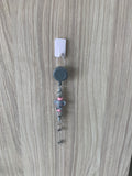 Handmade elephant beaded belt clip in grey and pink
