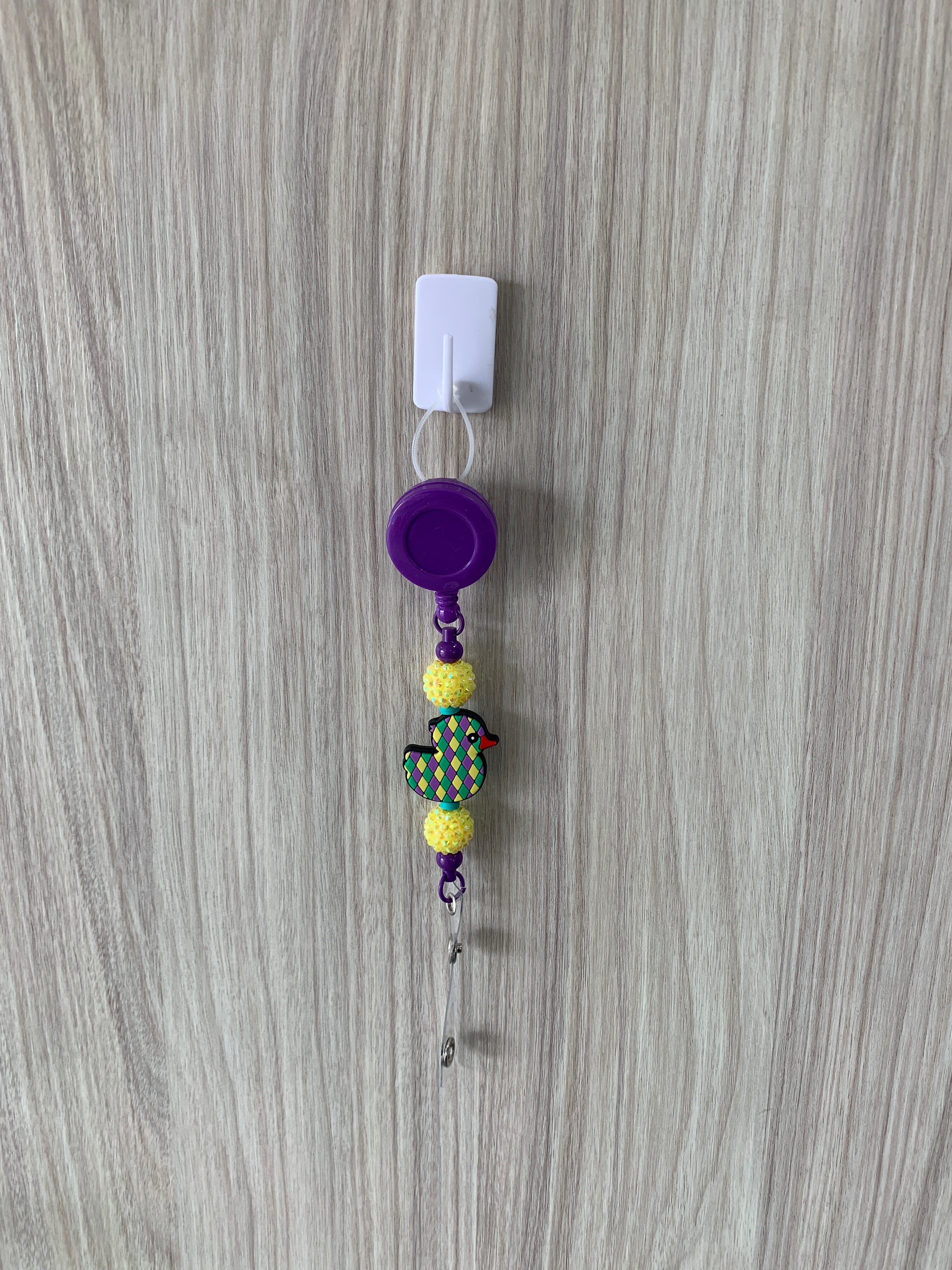 Handmade purple and yellow diamond duck beaded belt clip
