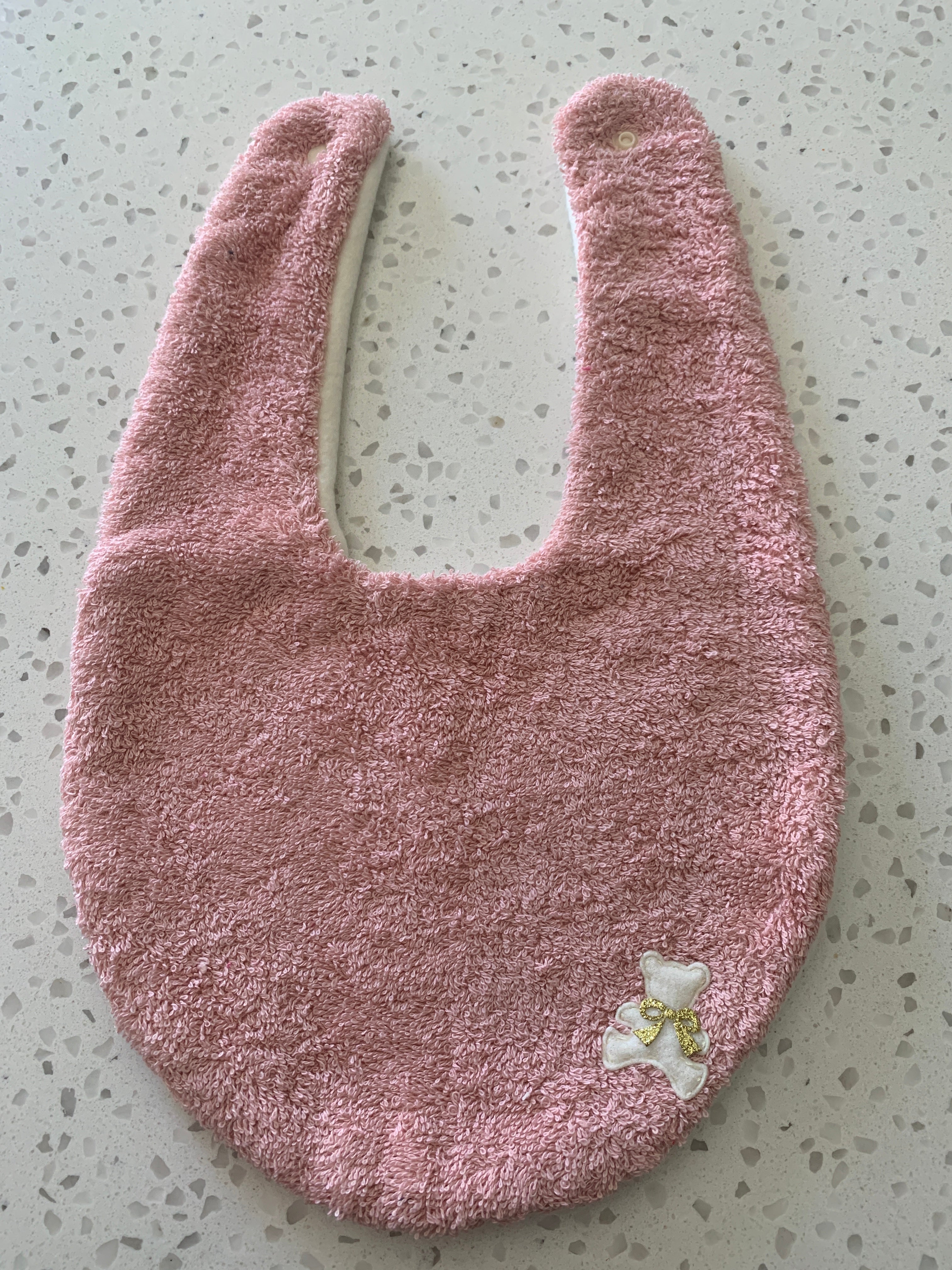 Baby Bandana Bib - Dusty Pink Bear Gold Bow Embroidery