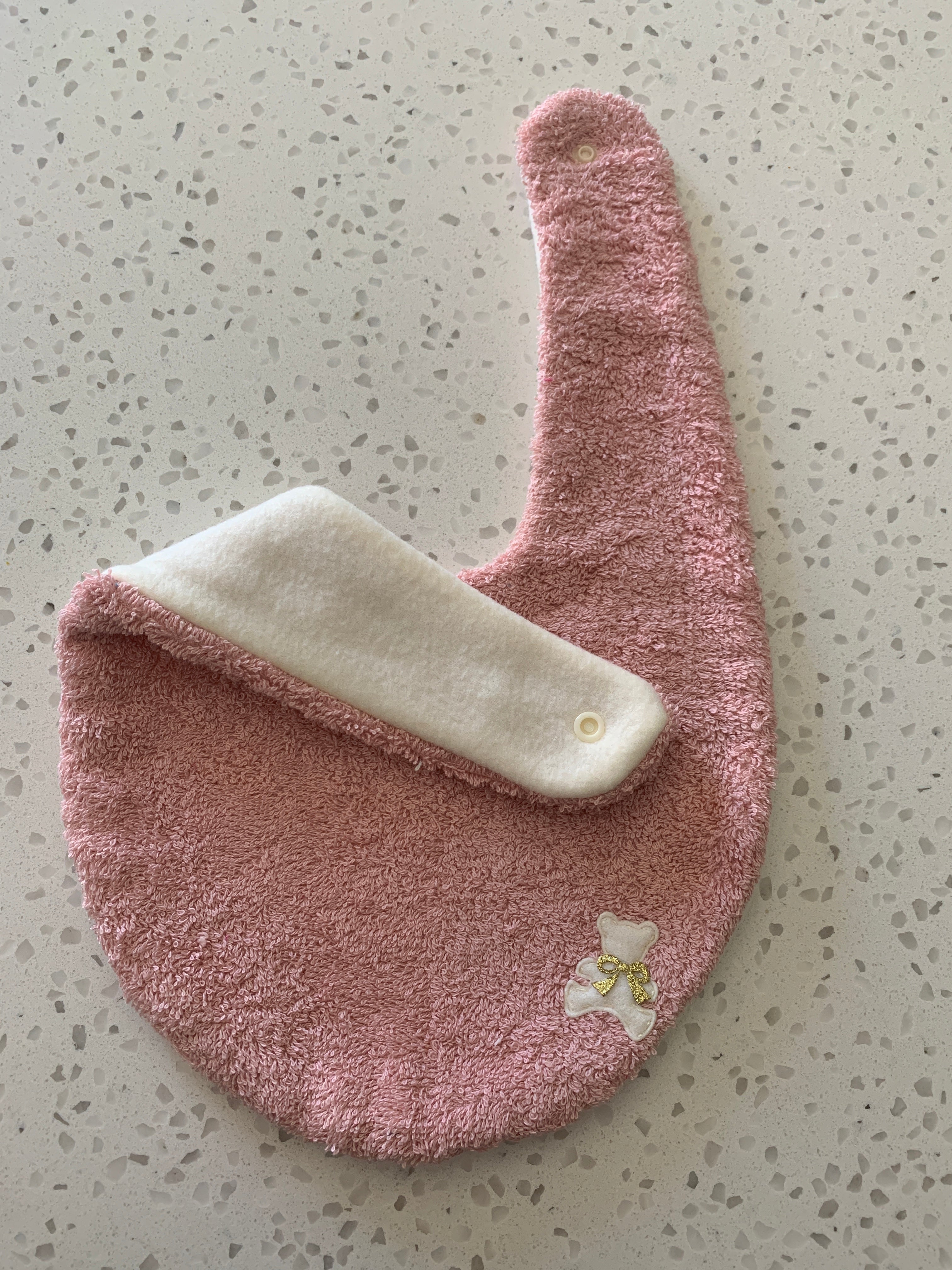 Baby Bandana Bib - Dusty Pink Bear Gold Bow Embroidery