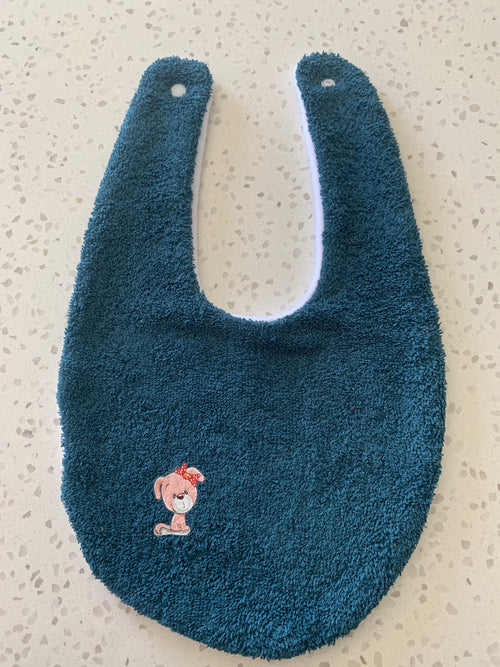 Baby Bandana Bib - Dark Teal Puppy Red Bow Embroidery