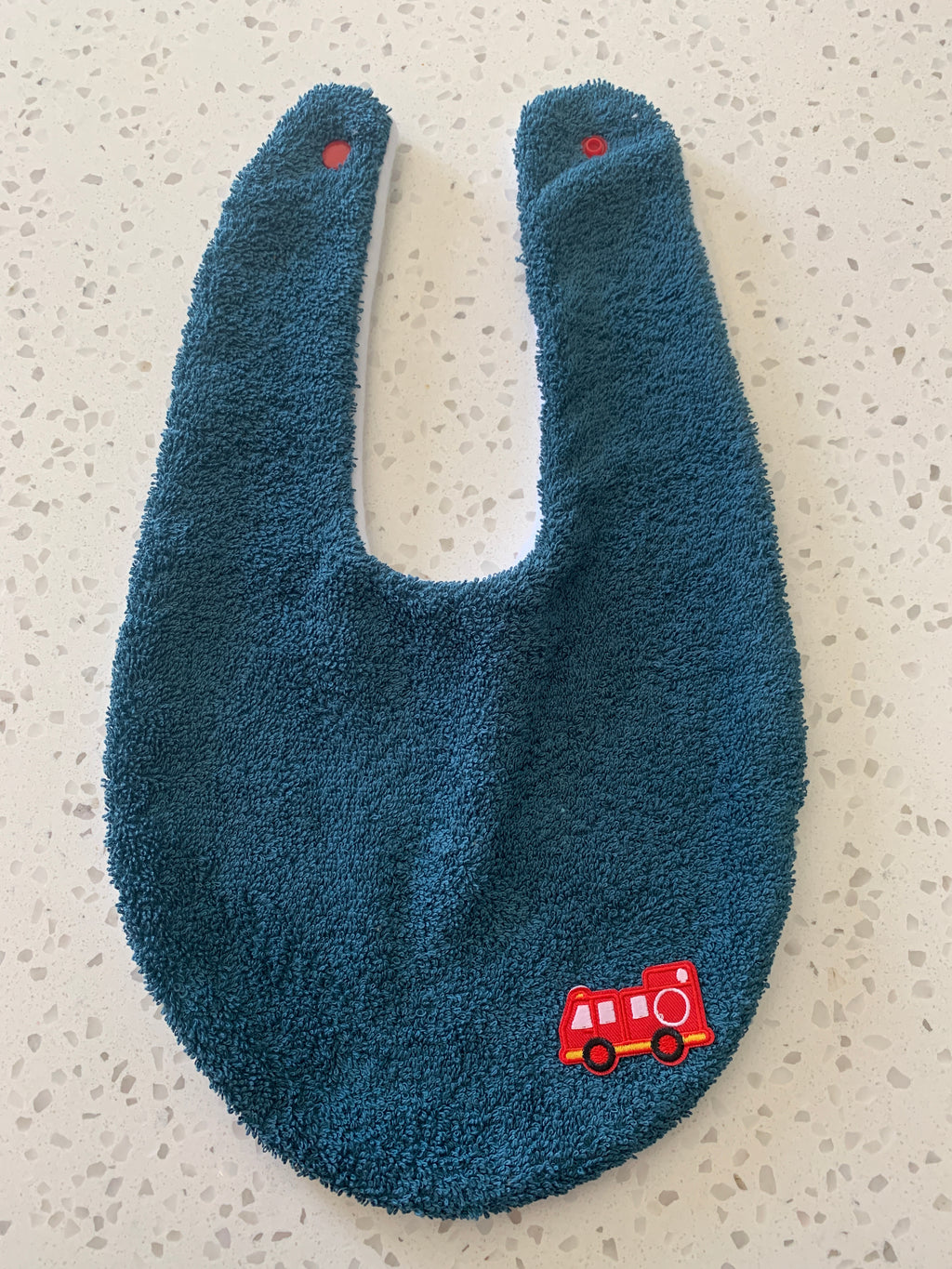 Baby Bandana Bib - Dark Teal Fire Truck Embroidery