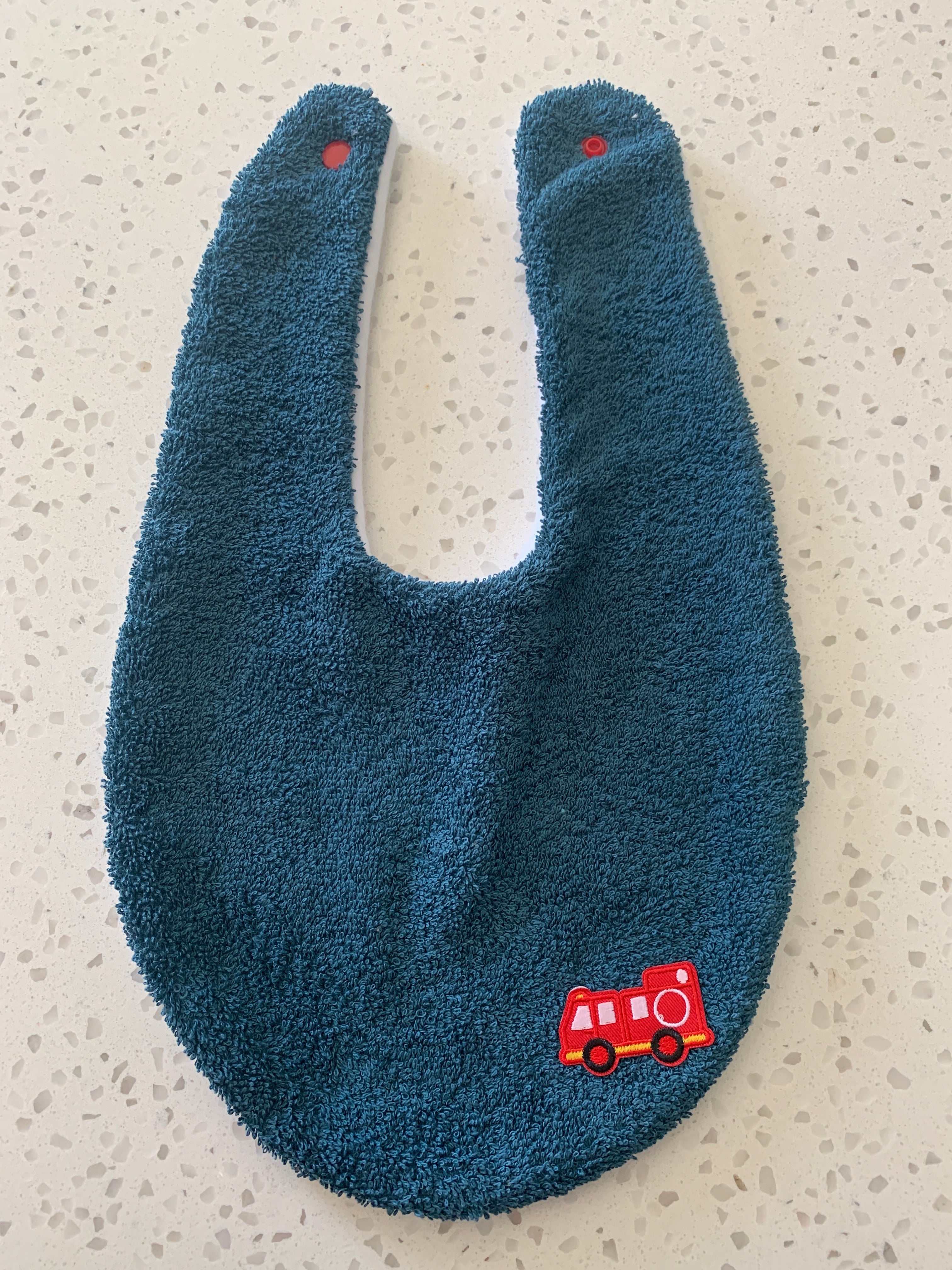 Baby Bandana Bib - Dark Teal Fire Truck Embroidery