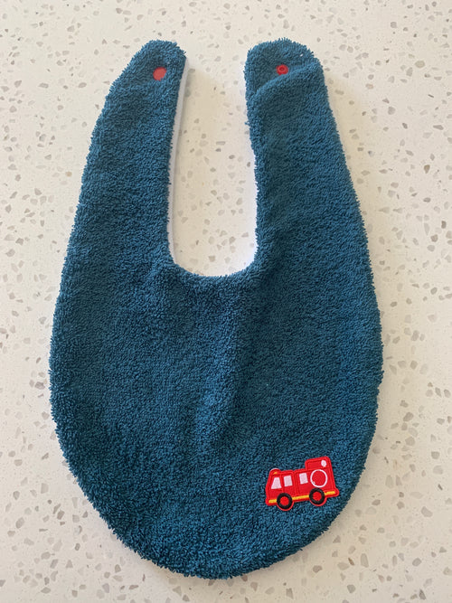Baby Bandana Bib - Dark Teal Fire Truck Embroidery