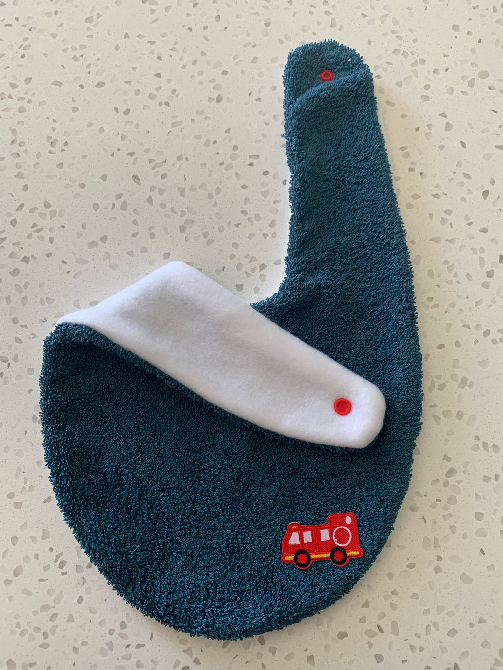 Baby Bandana Bib - Dark Teal Fire Truck Embroidery