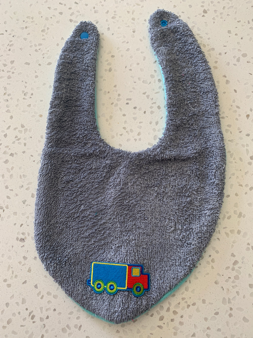 Baby Bandana Bib - Grey Colourful Truck Embroidery