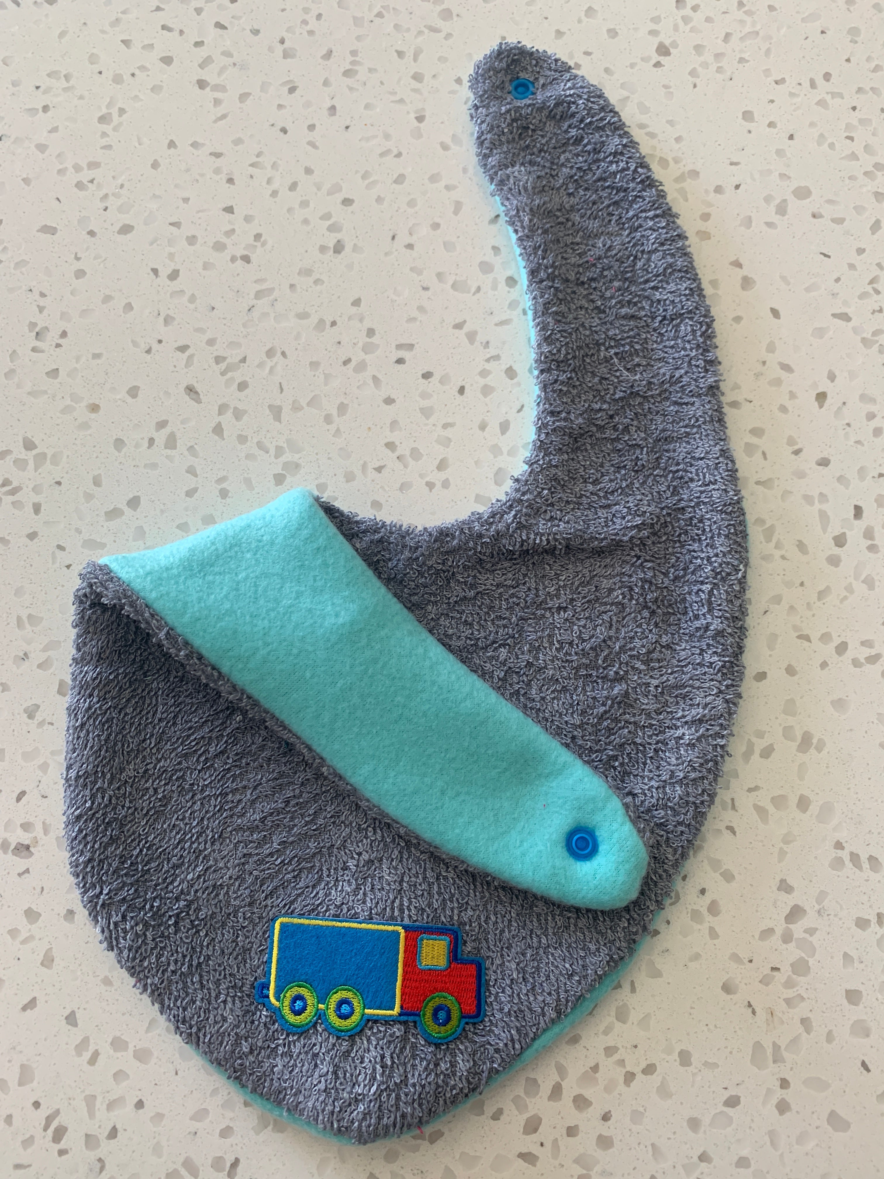 Baby Bandana Bib - Grey Colourful Truck Embroidery