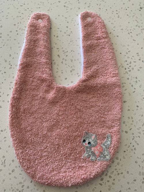Baby Bandana Bib - Dusty Rose Kitten Embroidery