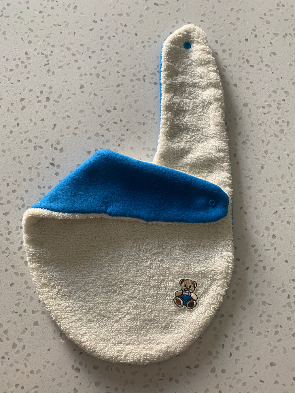 Baby Bandana Bib - Cream Blue Teddy Bear Embroidery
