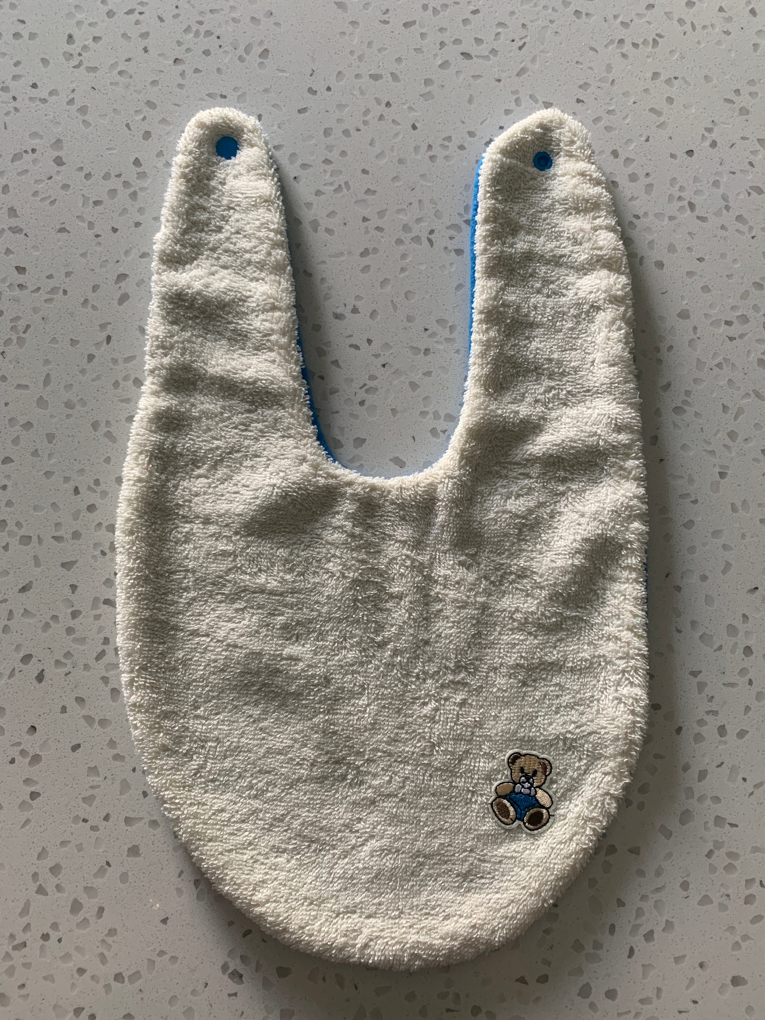 Baby Bandana Bib - Cream Blue Teddy Bear Embroidery