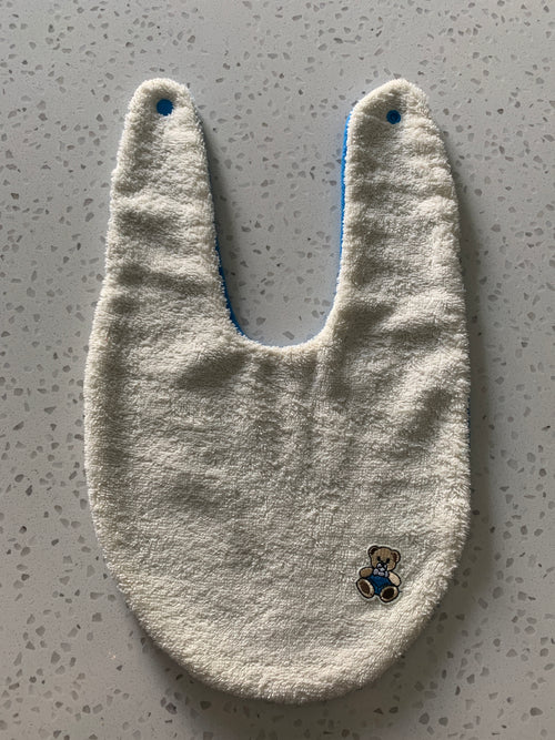 Baby Bandana Bib - Cream Blue Teddy Bear Embroidery