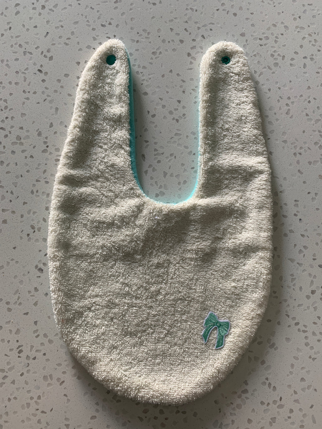 Baby Bandana Bib - Cream Teal Bow Embroidery