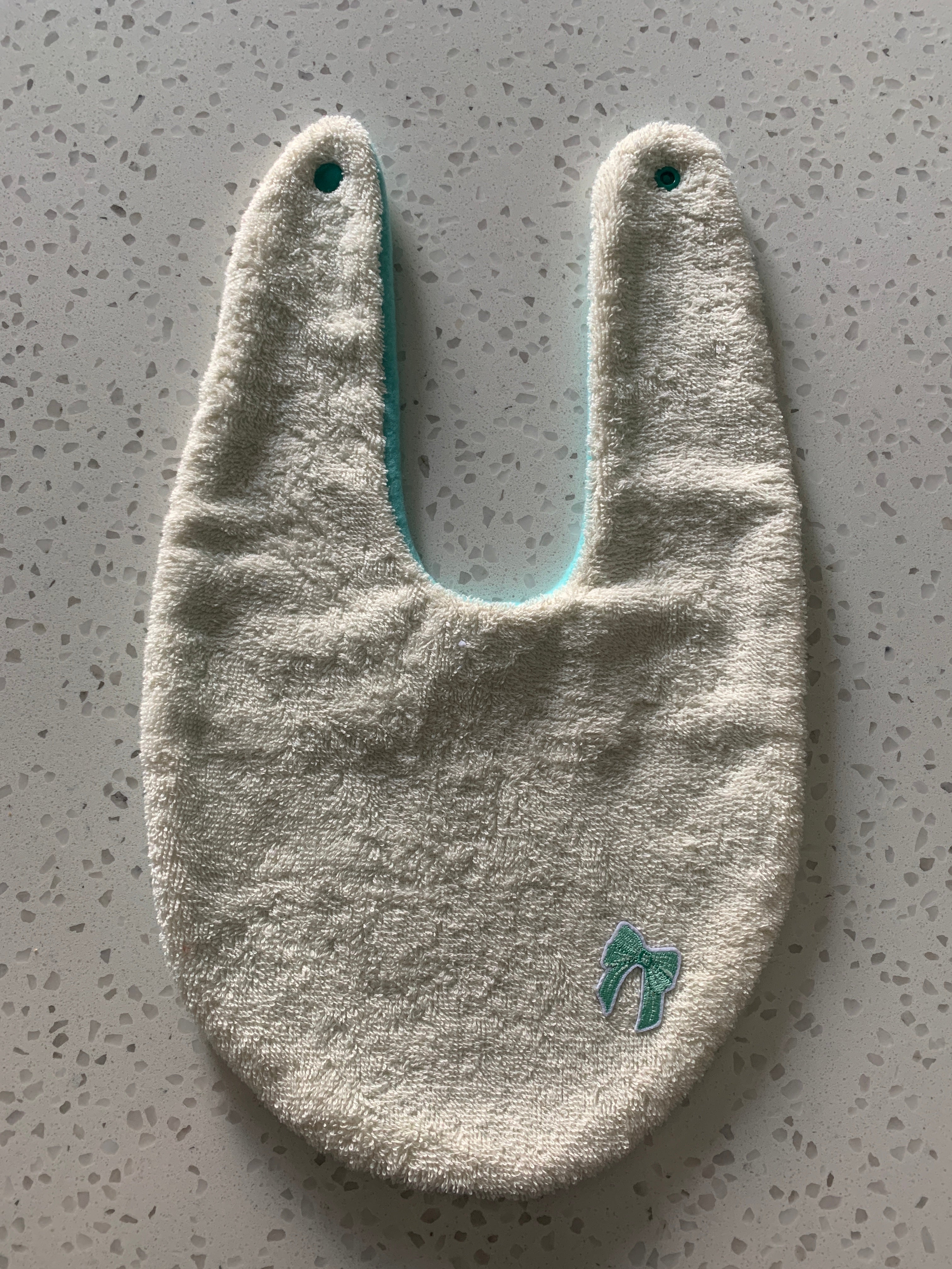Baby Bandana Bib - Cream Teal Bow Embroidery