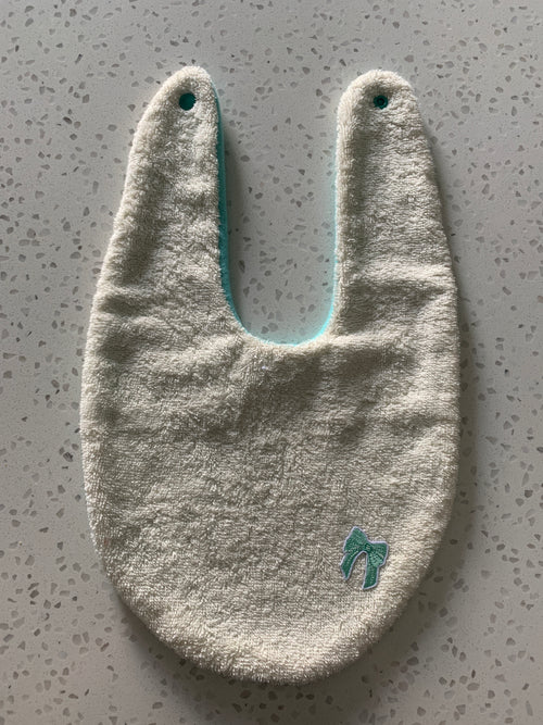 Baby Bandana Bib - Cream Teal Bow Embroidery
