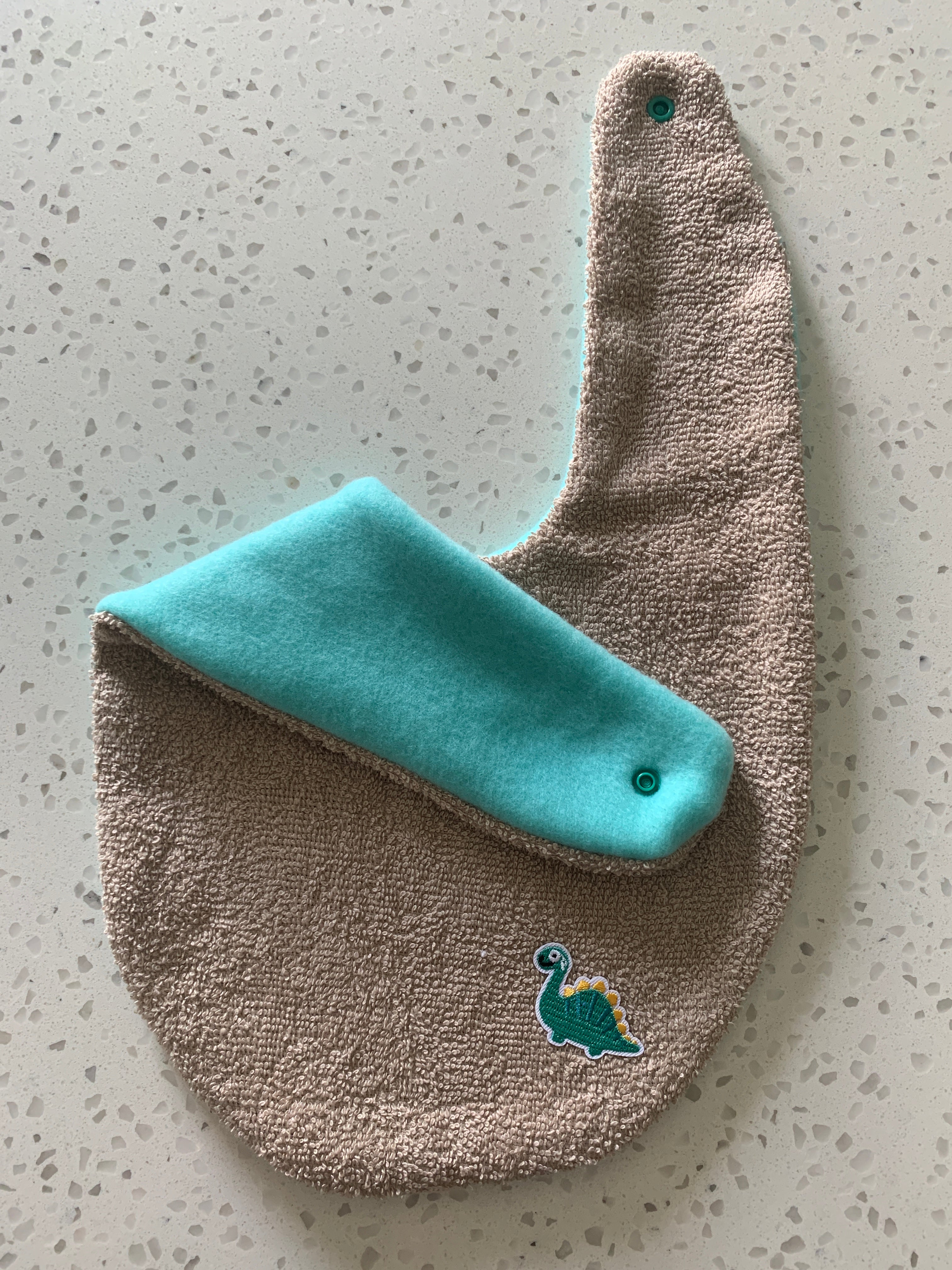 Baby Bandana Bib - Beige Mint Brontosaurus Embroidery