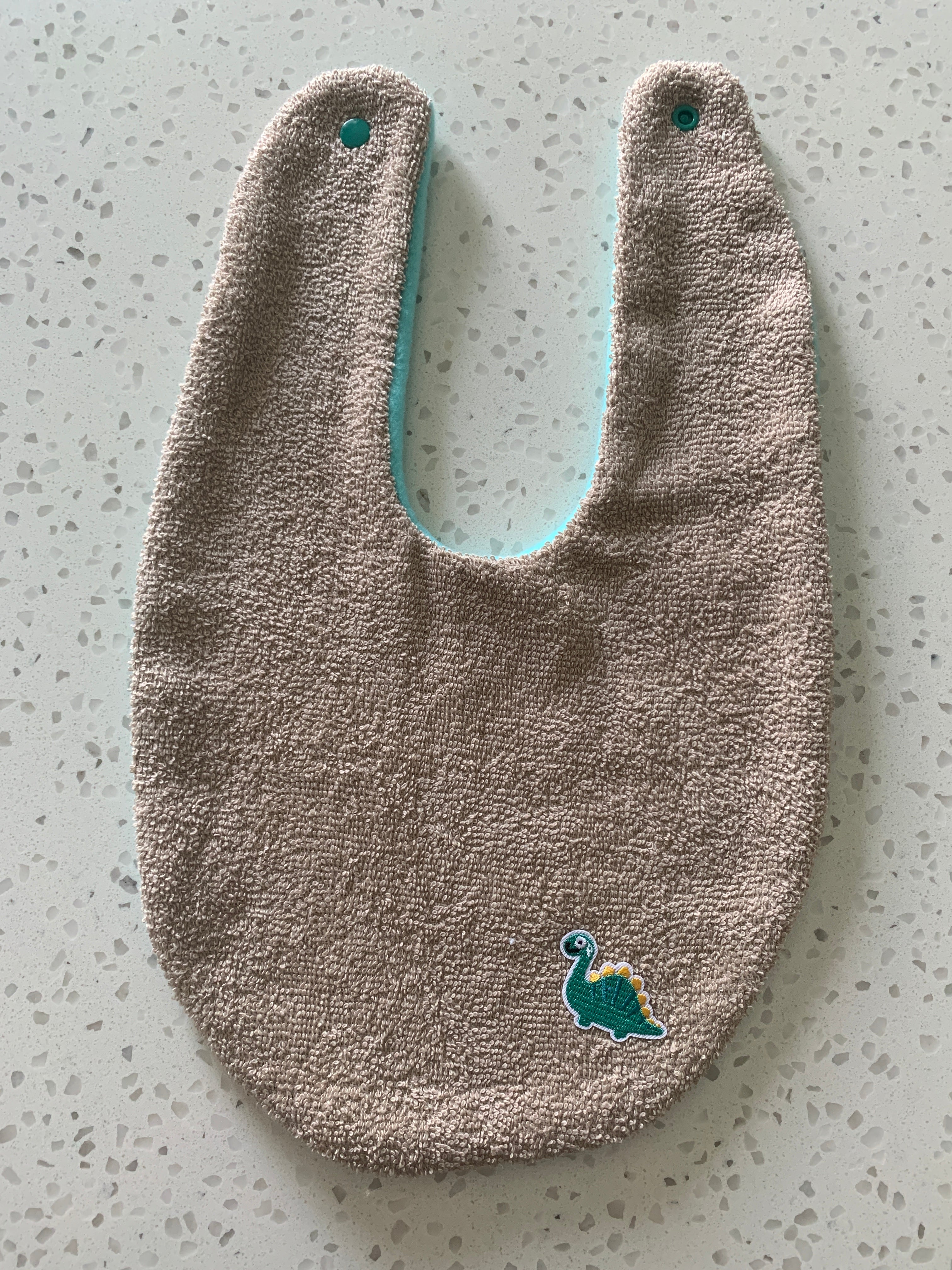 Baby Bandana Bib - Beige Mint Brontosaurus Embroidery