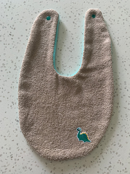 Baby Bandana Bib - Beige Mint Brontosaurus Embroidery