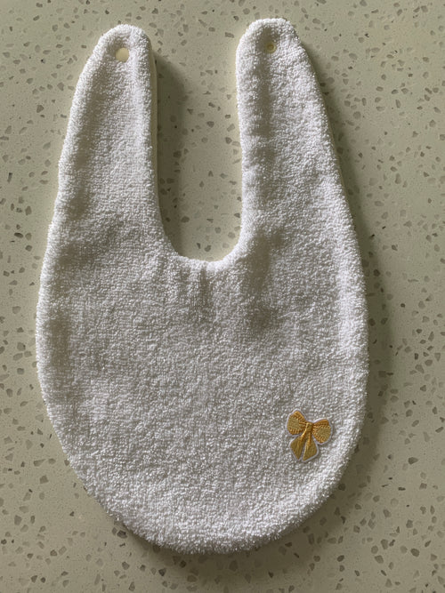 Baby Bandana Bib - White Gold Bow Embroidery
