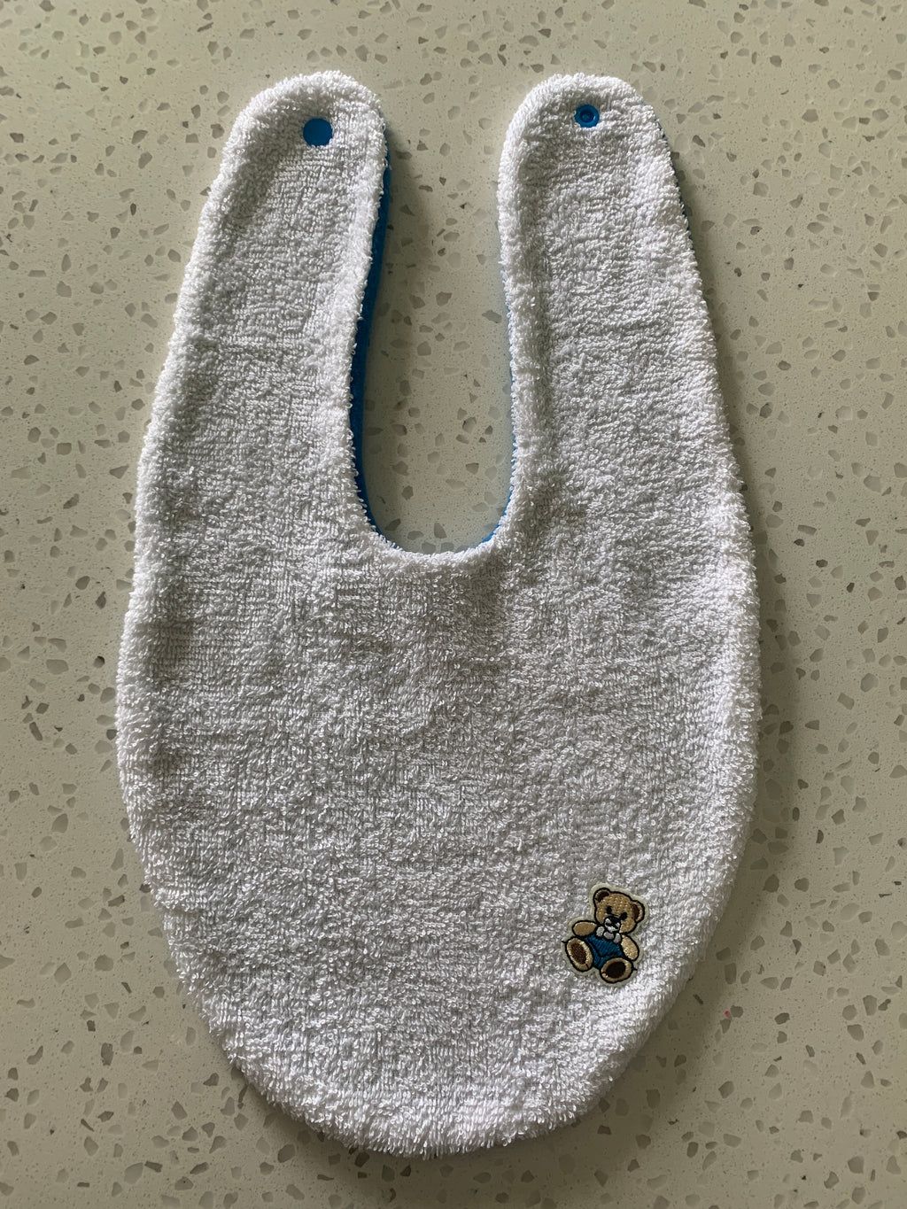 Baby Bandana Bib - White Blue Teddy Bear Embroidery