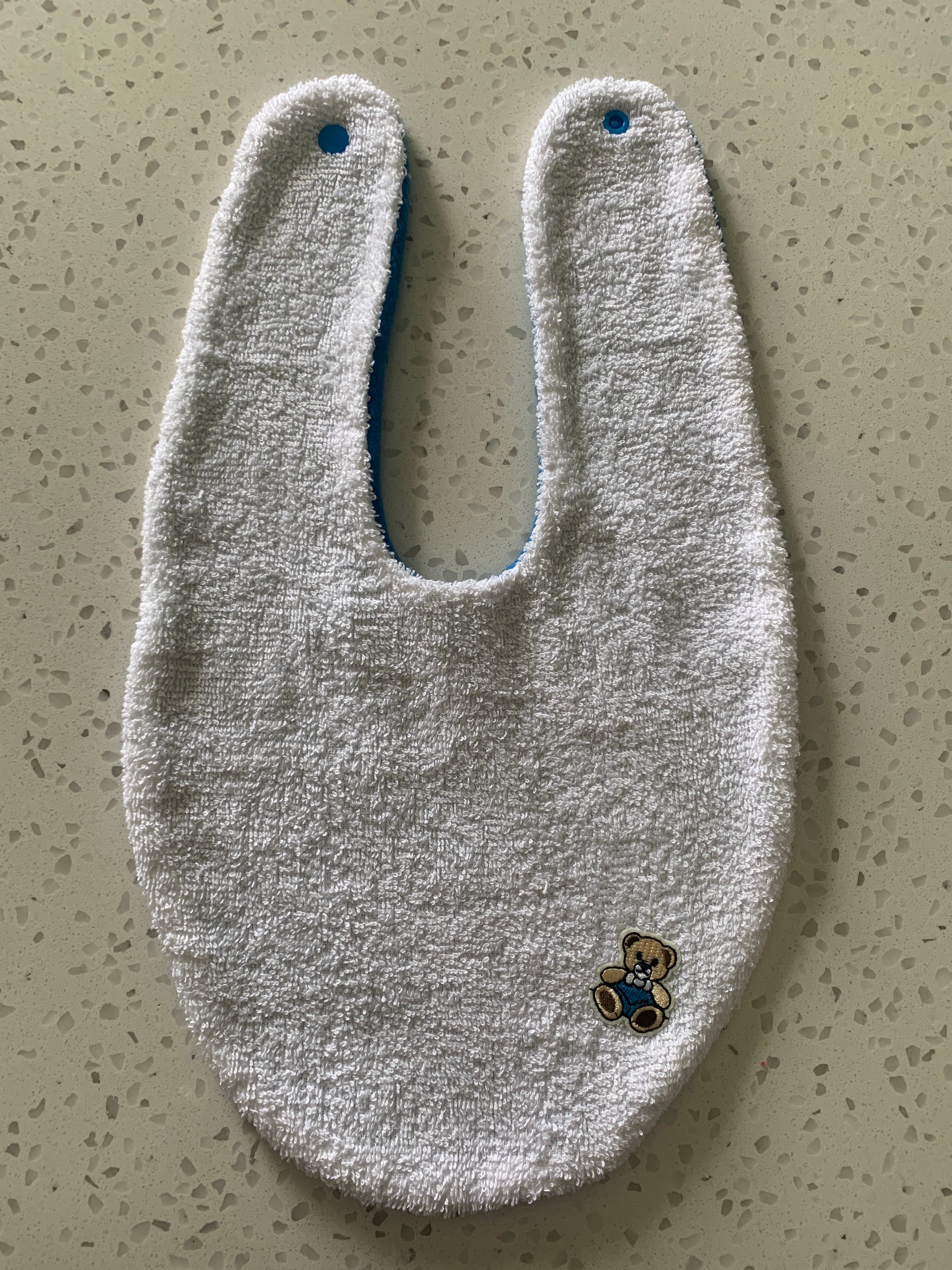 Baby Bandana Bib - White Blue Teddy Bear Embroidery
