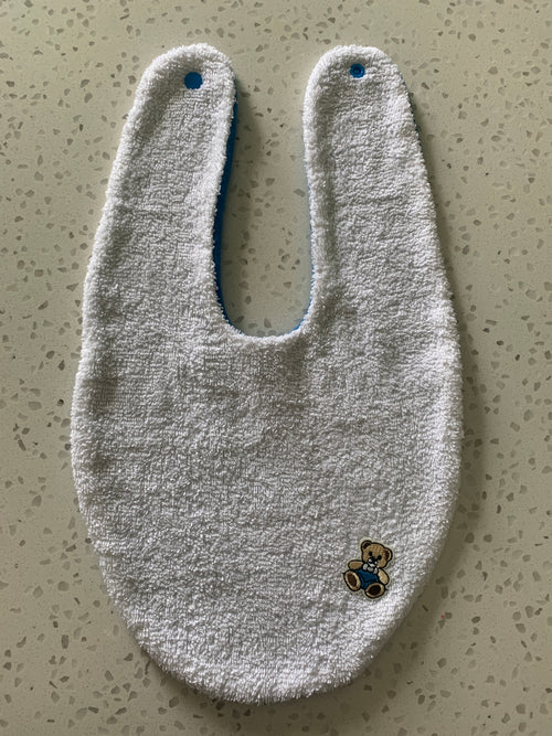 Baby Bandana Bib - White Blue Teddy Bear Embroidery