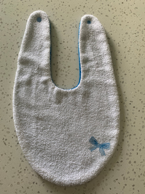 Baby Bandana Bib - White Blue Bow Embroidery