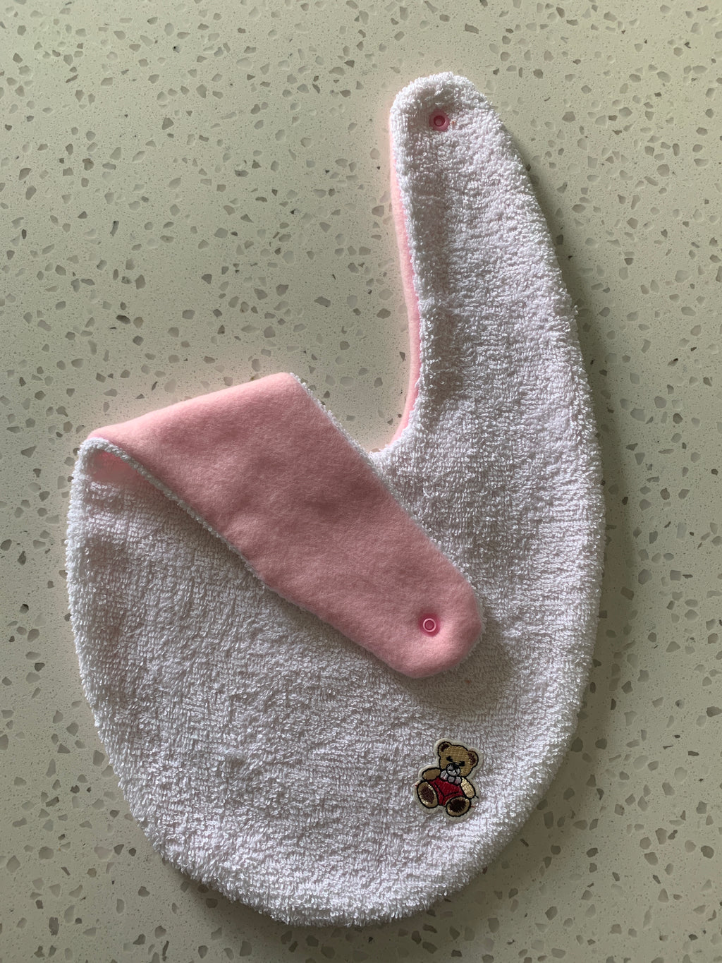 Baby Bandana Bib - White Pink Teddy Bear Embroidery
