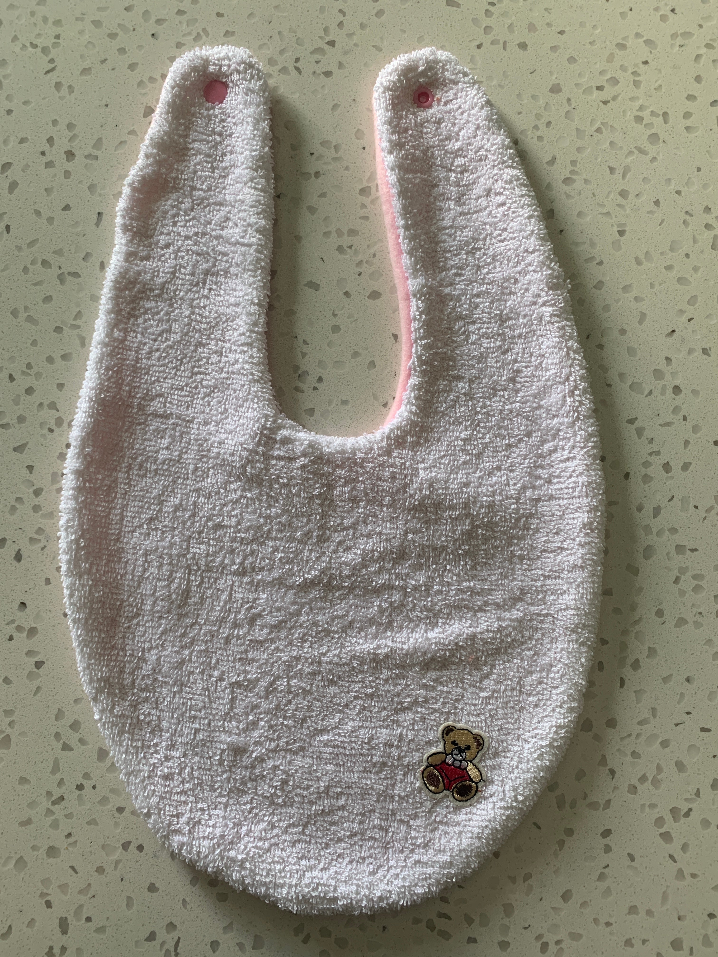 Baby Bandana Bib - White Pink Teddy Bear Embroidery