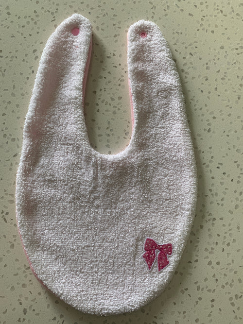 Baby Bandana Bib - White Pink Glitter Bow Embroidery
