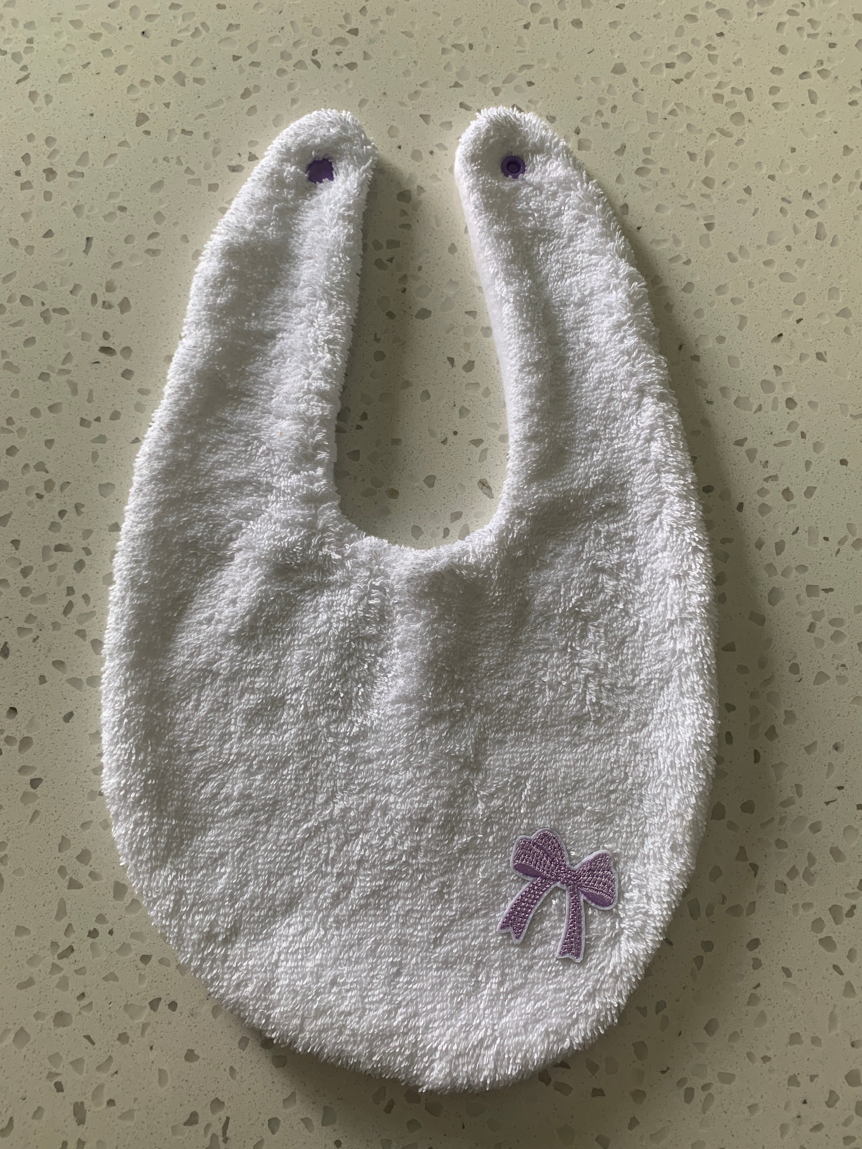 Baby Bandana Bib - White Purple Bow Embroidery