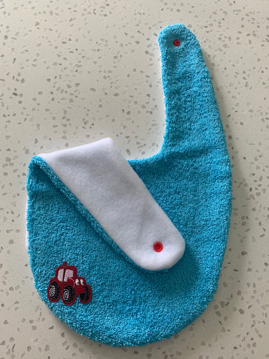 Baby Bandana Bib - Bright Blue Red Tractor Embroidery