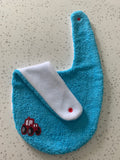 Baby Bandana Bib - Bright Blue Red Tractor Embroidery