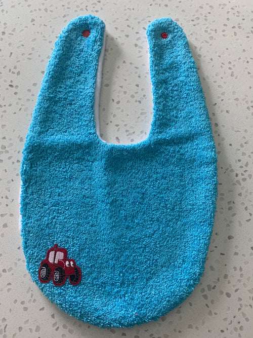 Baby Bandana Bib - Bright Blue Red Tractor Embroidery