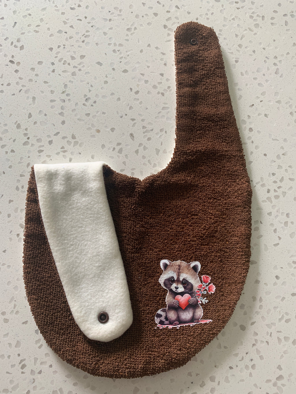 Baby Bandana Bib - Brown Raccoon with Heart Appliqué