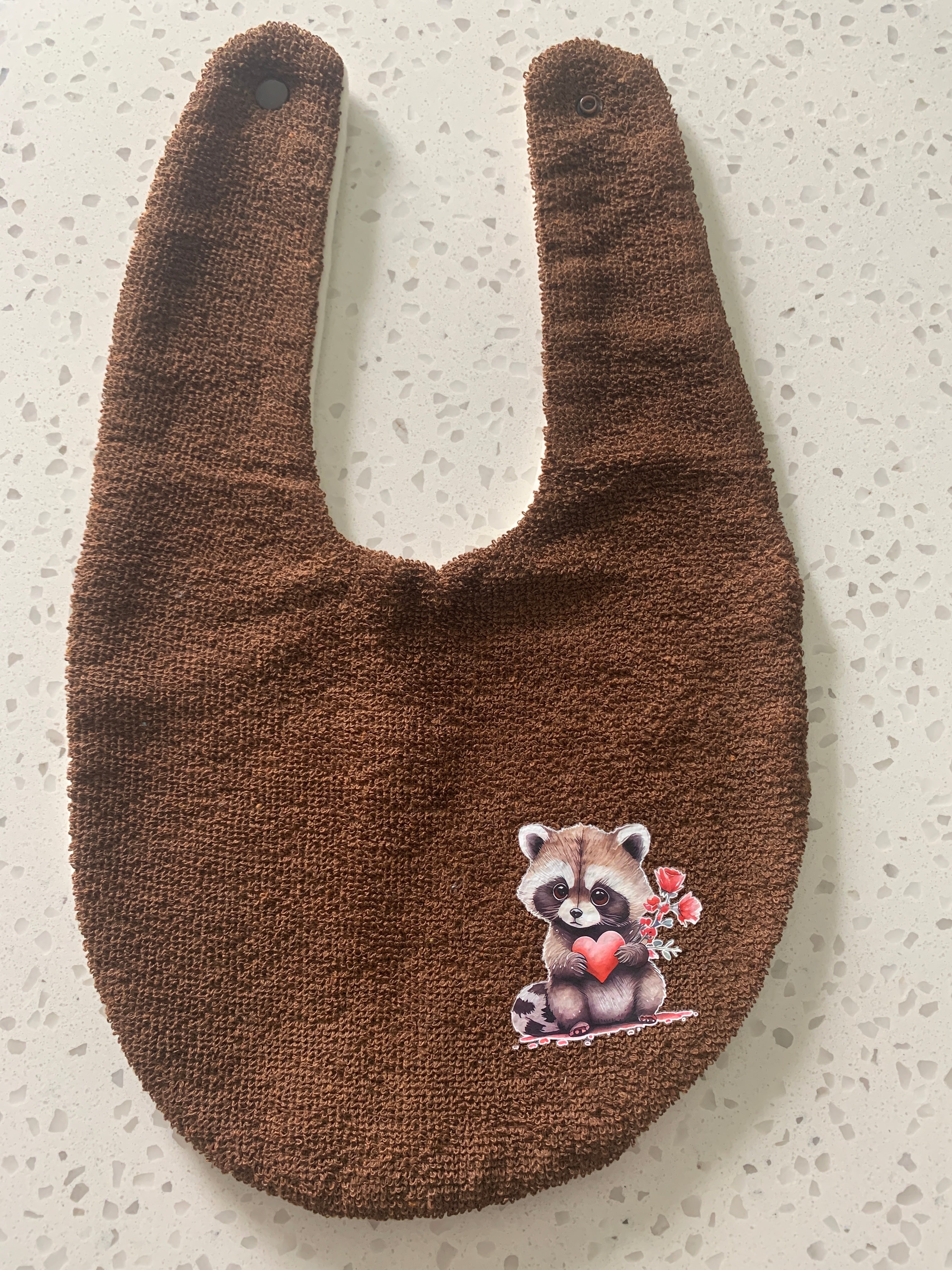 Baby Bandana Bib - Brown Raccoon with Heart Appliqué